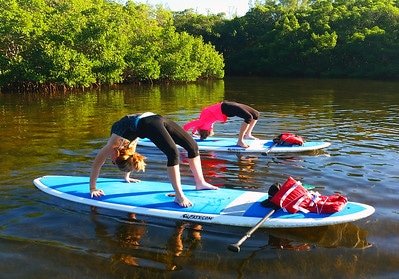 Two women pose in backbends on their SUPs in a river surrounded by mangroves