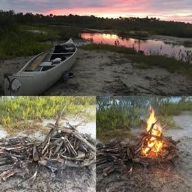 Photo collage of 3 photos.

Top horizontal: A canoe sits on a river bank as the sun sets in the background.

Bottom left: Unlit campfire

Bottom right: Blazing campfire