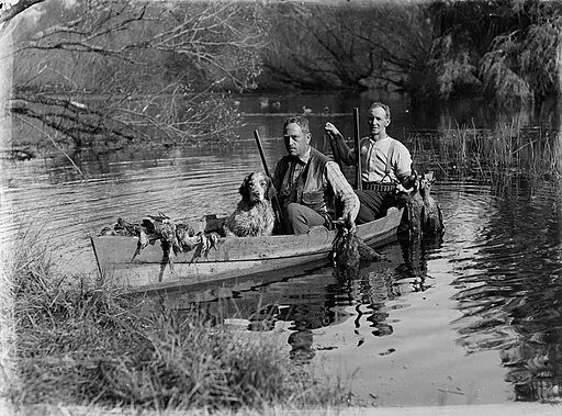 Vintage photo of duck hunters in a wooden canoe