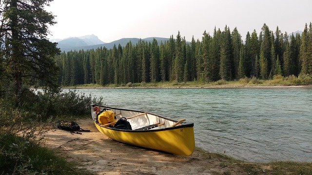 A yellow canoe sits on the bank of a river lined with pine trees