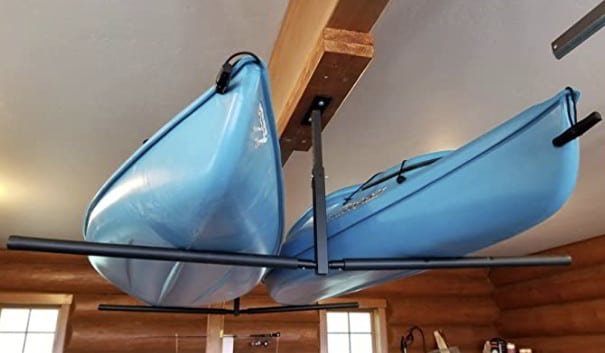 Kayak storage for two kayaks on a ceiling rack